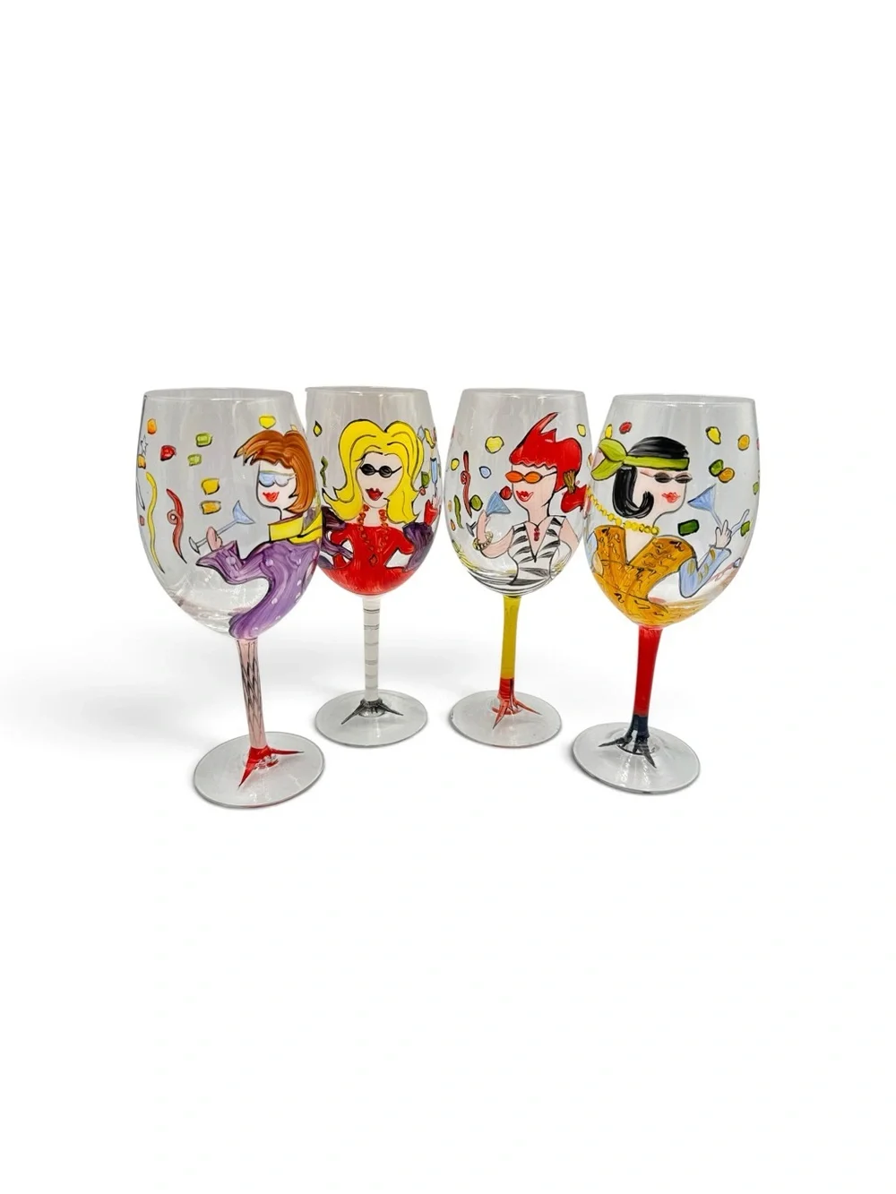 Vintage Hand Painted Whimsical Diva Wine Glasses & Ice Bucket 5 Pc Set